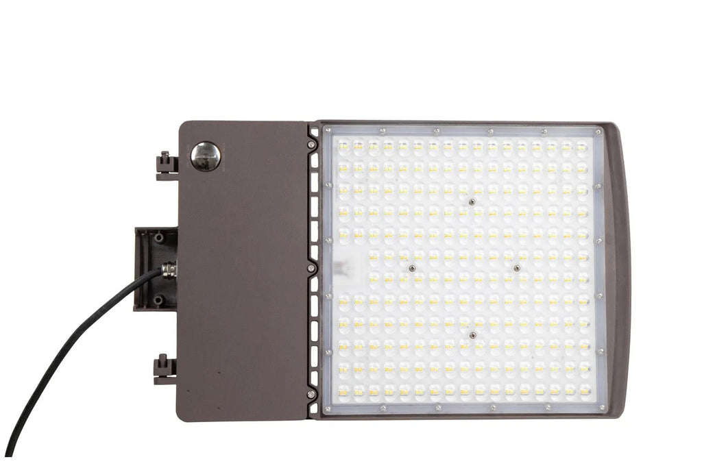 GridMax Series LED area light horizontal bottom view showing optical lens and factory power cord exiting fixture housing
