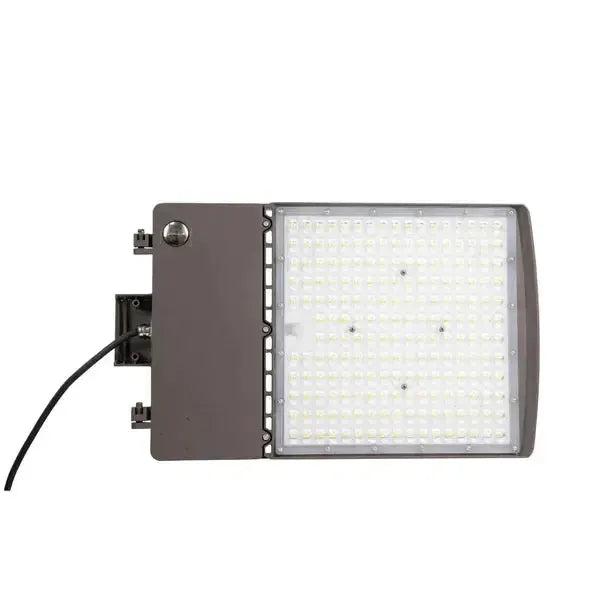 GridMax Series LED area light horizontal bottom view showing optical lens and factory power cord exiting fixture housing