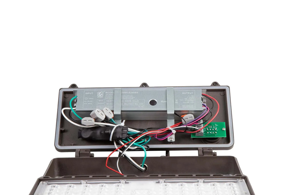 GridMax Series LED area light wiring compartment opened showing internal driver and electrical connections