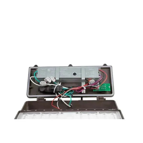GridMax Series LED area light wiring compartment opened showing internal driver and electrical connections