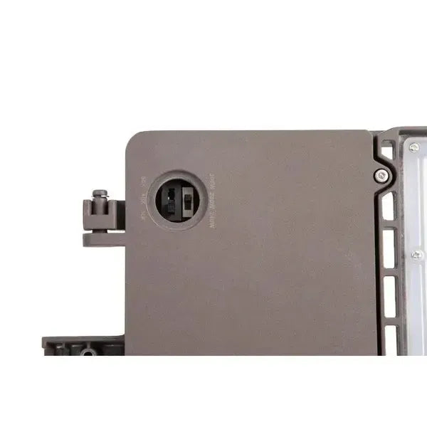 GridMax Series LED area light with access port opened showing selectable CCT and wattage configuration switches