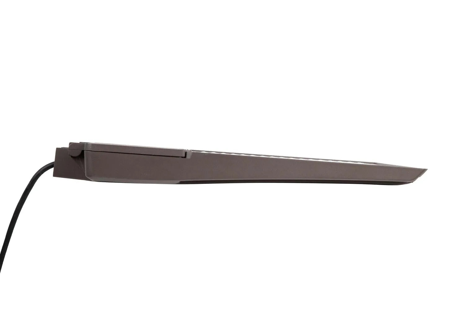 GridMax Series LED area light side profile showing slim fixture housing and integrated power cord exit