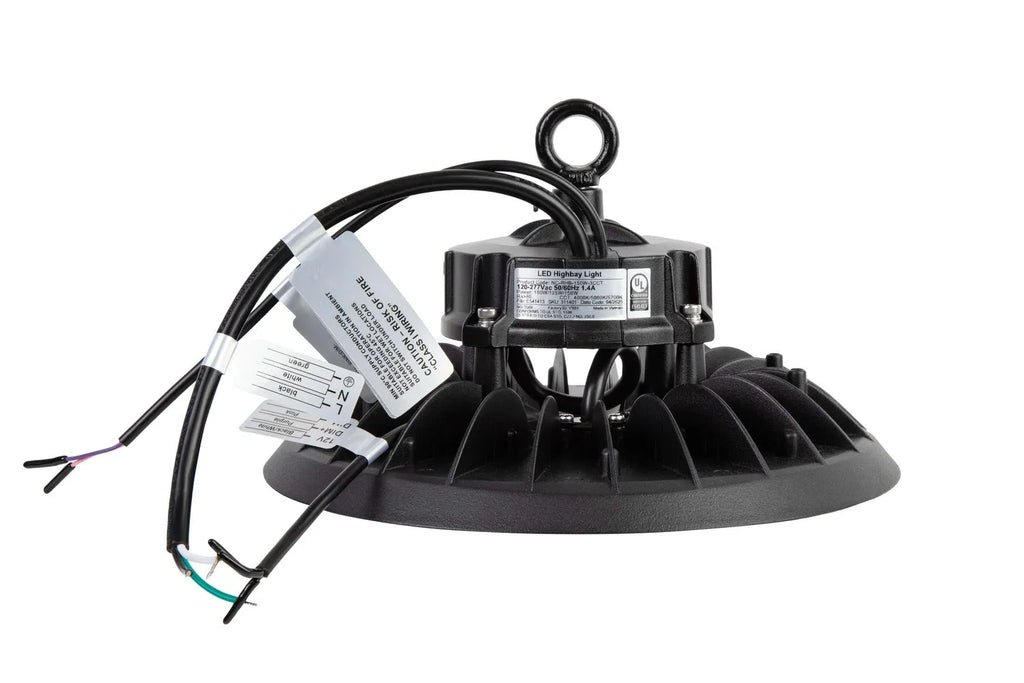 Side view of Halo X Series LED UFO high bay showing ring bolt suspension mount and power cord assembly for industrial installation