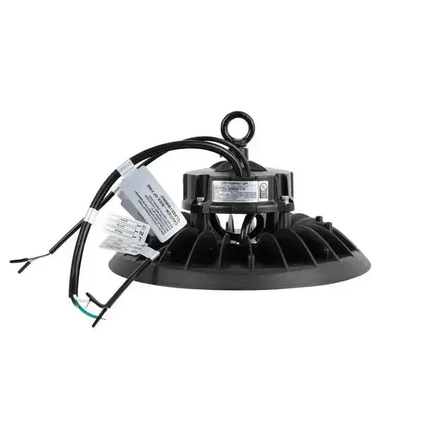 Side view of Halo X Series LED UFO high bay showing ring bolt suspension mount and power cord assembly for industrial installation