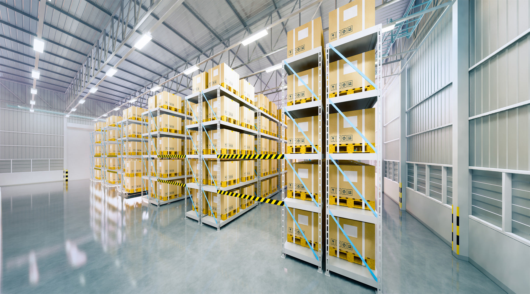 High bay LED lighting illuminating the interior of warehouse distribution center