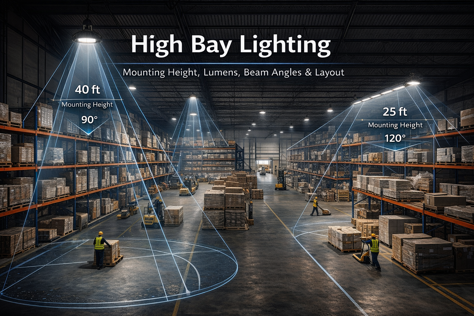 Warehouse high bay lighting showing mounting height and beam angle coverage for UFO and linear high bay fixtures to support uniform floor illumination.