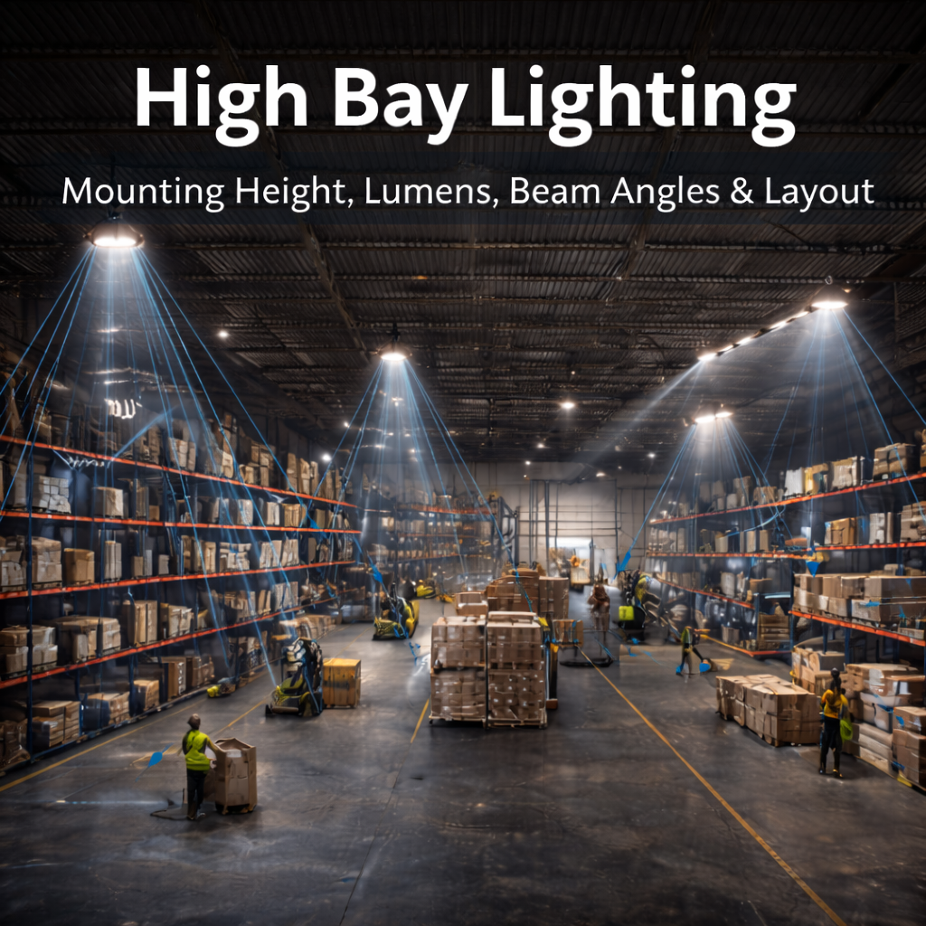 Warehouse interior illuminated by high bay lighting showing uniform floor coverage, proper mounting height, and beam angle distribution.
