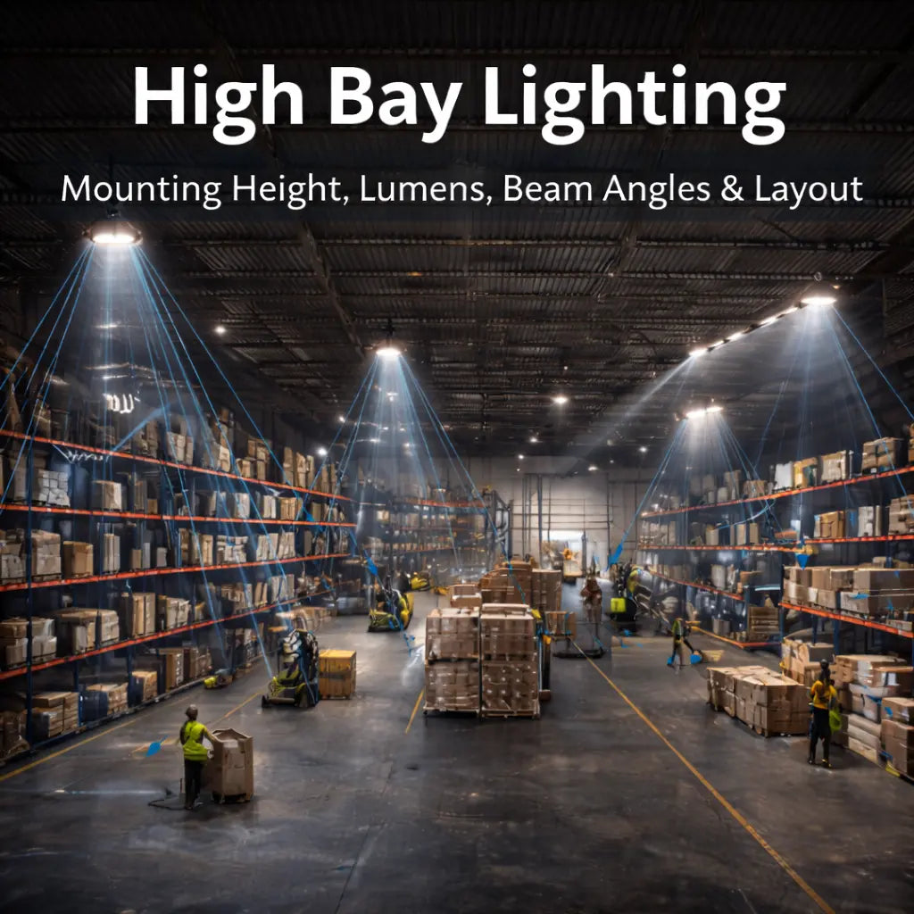 Warehouse interior illuminated by high bay lighting showing uniform floor coverage, proper mounting height, and beam angle distribution.