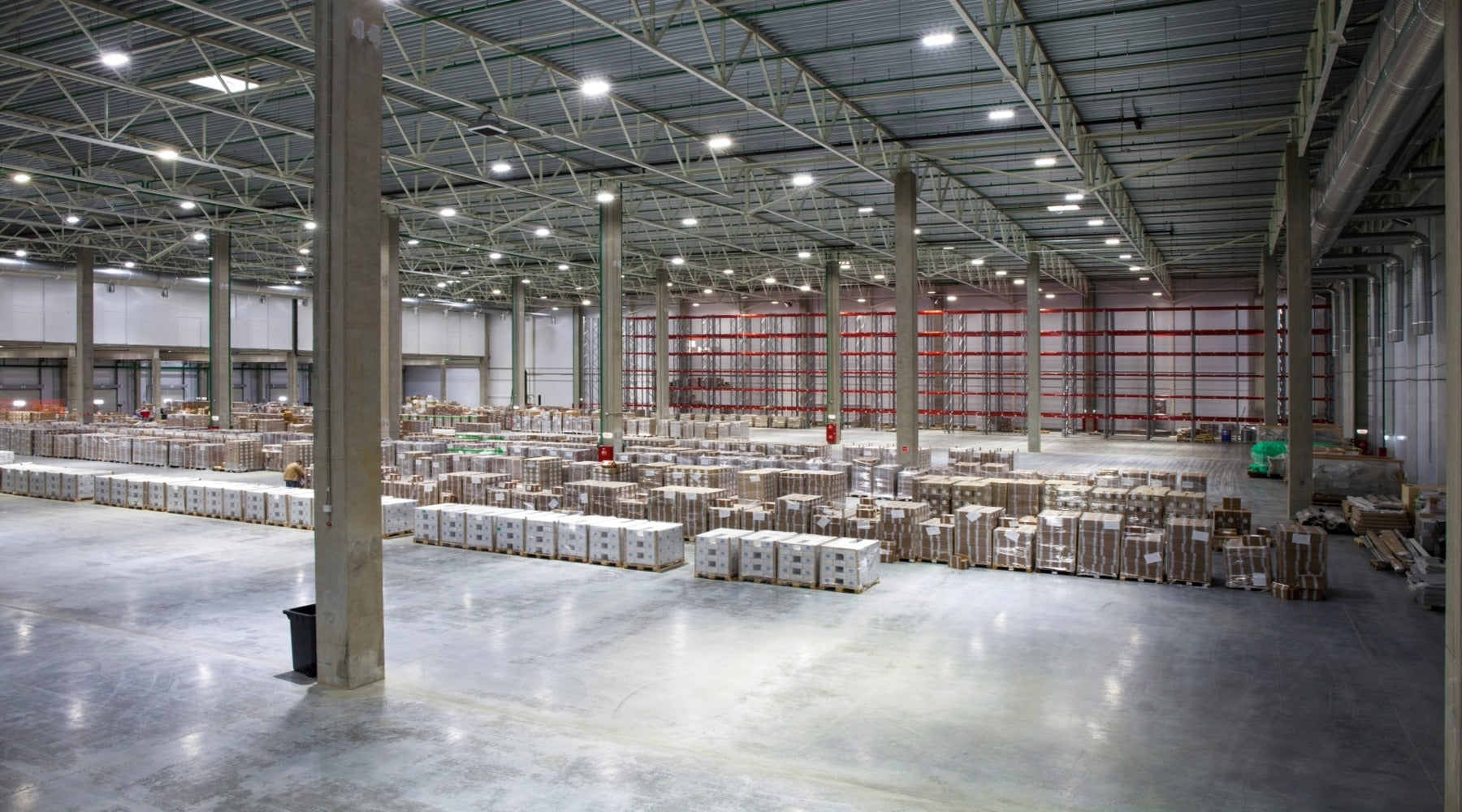 Large warehouse with UFO high bay LED lights installed