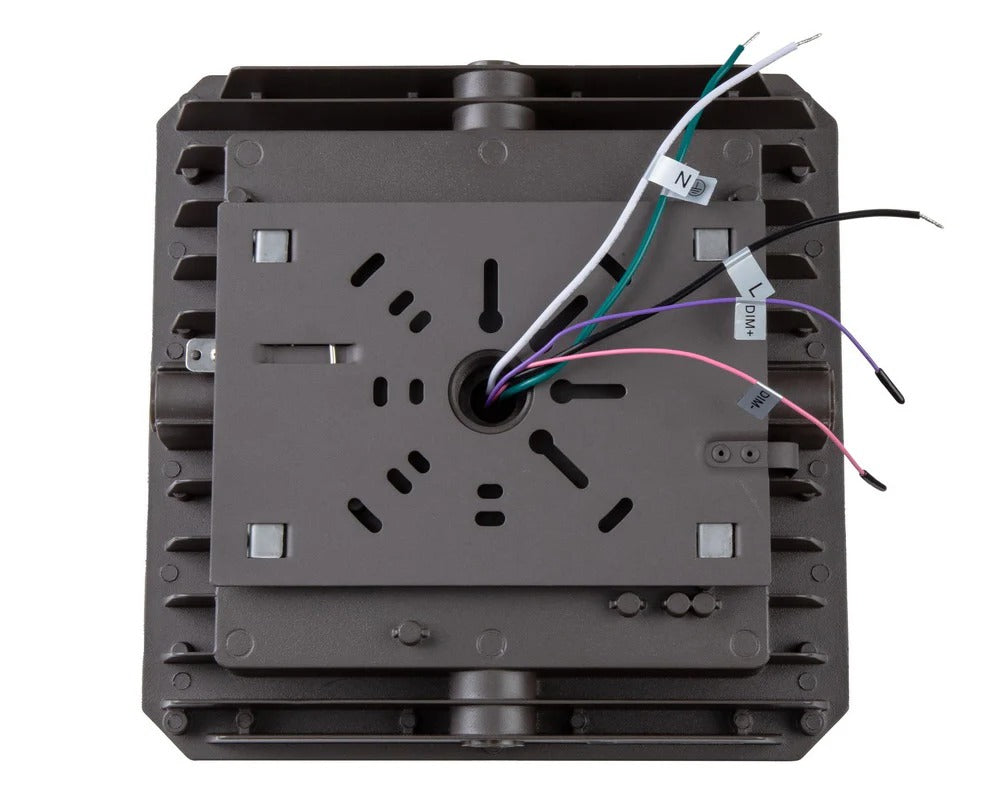 Back view of the LED canopy light showing the mounting bracket and center wiring plate with pink, purple, black, green, and white conductors exiting for installation; 20/30/40W, 3,158–5,835 lm, 3000K/4000K/5000K, IP65, 0–10V dimming, 120–277V.