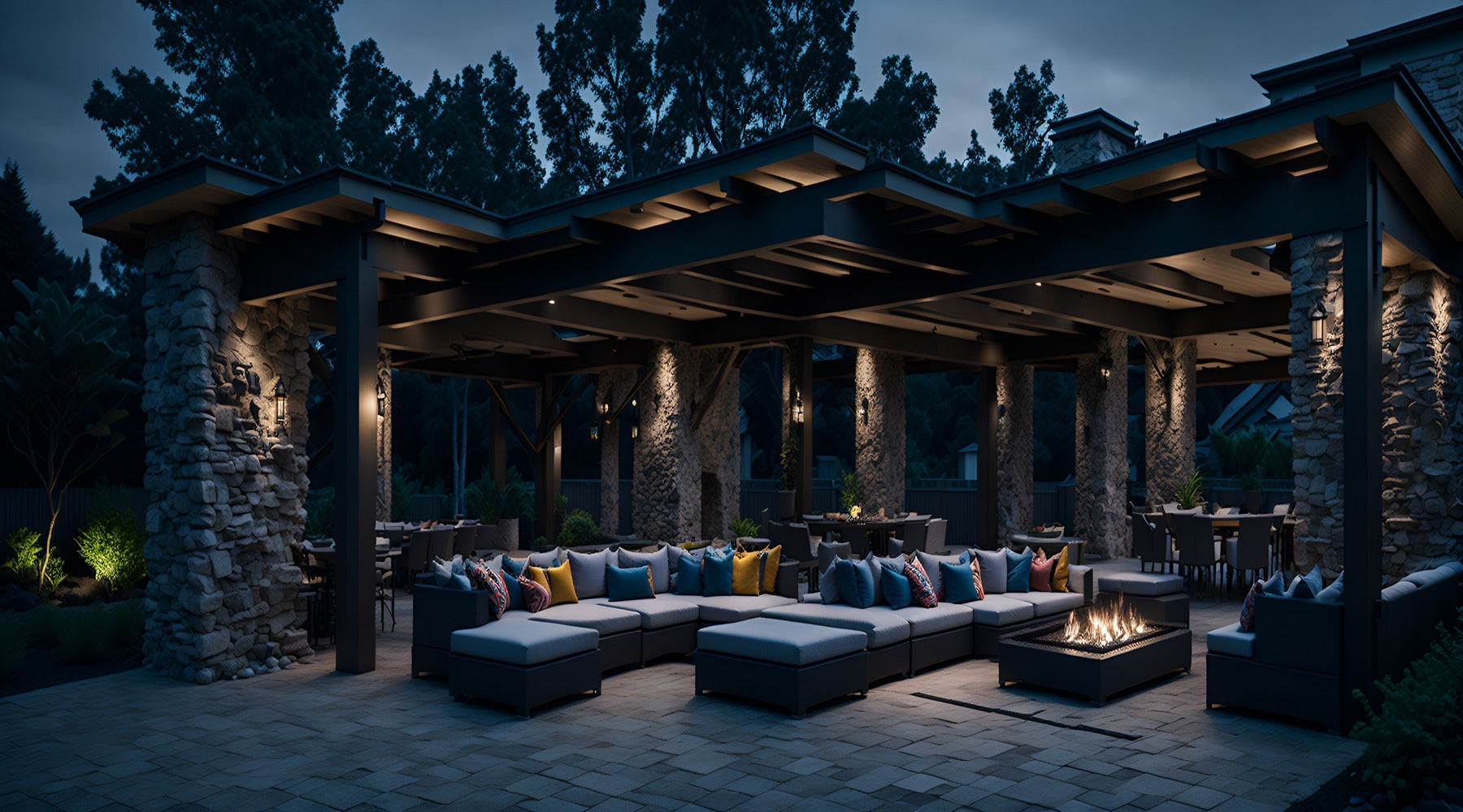 LED outdoor security lights illuminating cozy outdoor lounge area at night