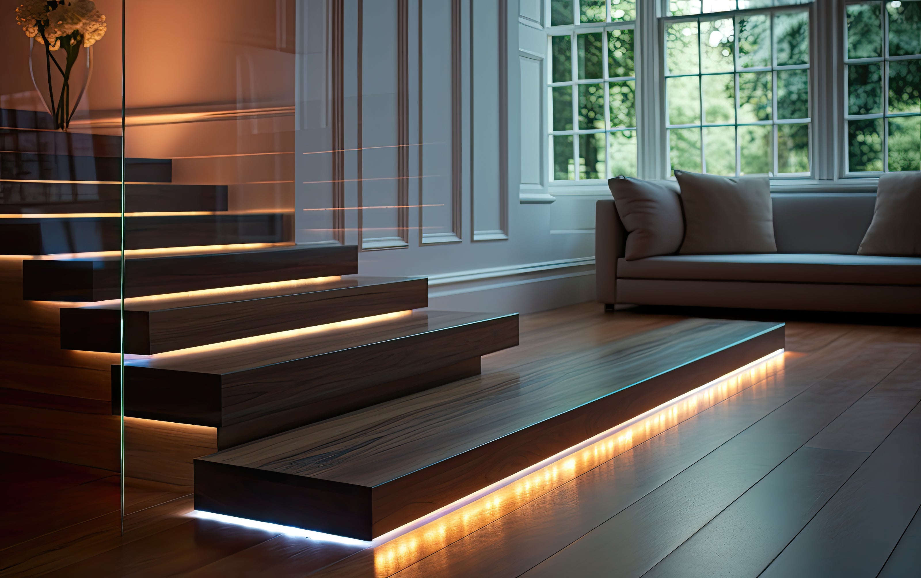 LED tape lights shown illuminating floating steps under each stair