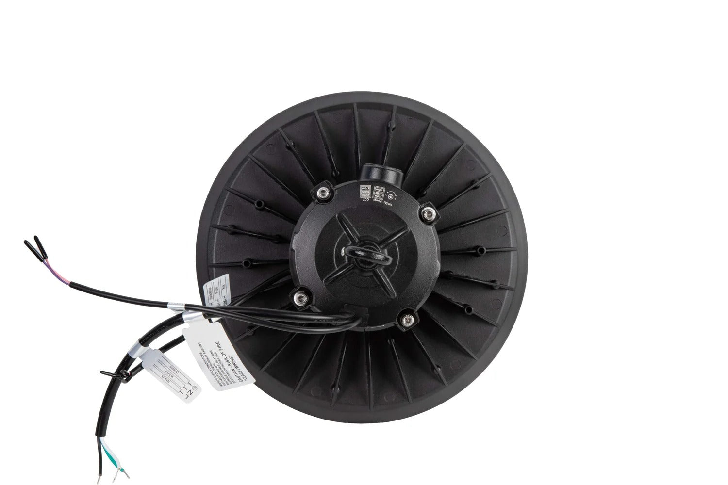 Overhead view of the 100/125/150W LED UFO high bay highlighting the ring bolt mount, heat-sink fins, safety tether, and dual lead sets—pink/purple and black/green/white—with the black conductor protected by a rubber jacket; 15,000–22,500 lm, 4000K/5000K/5700K, 0–10V dimming, 120–277V.