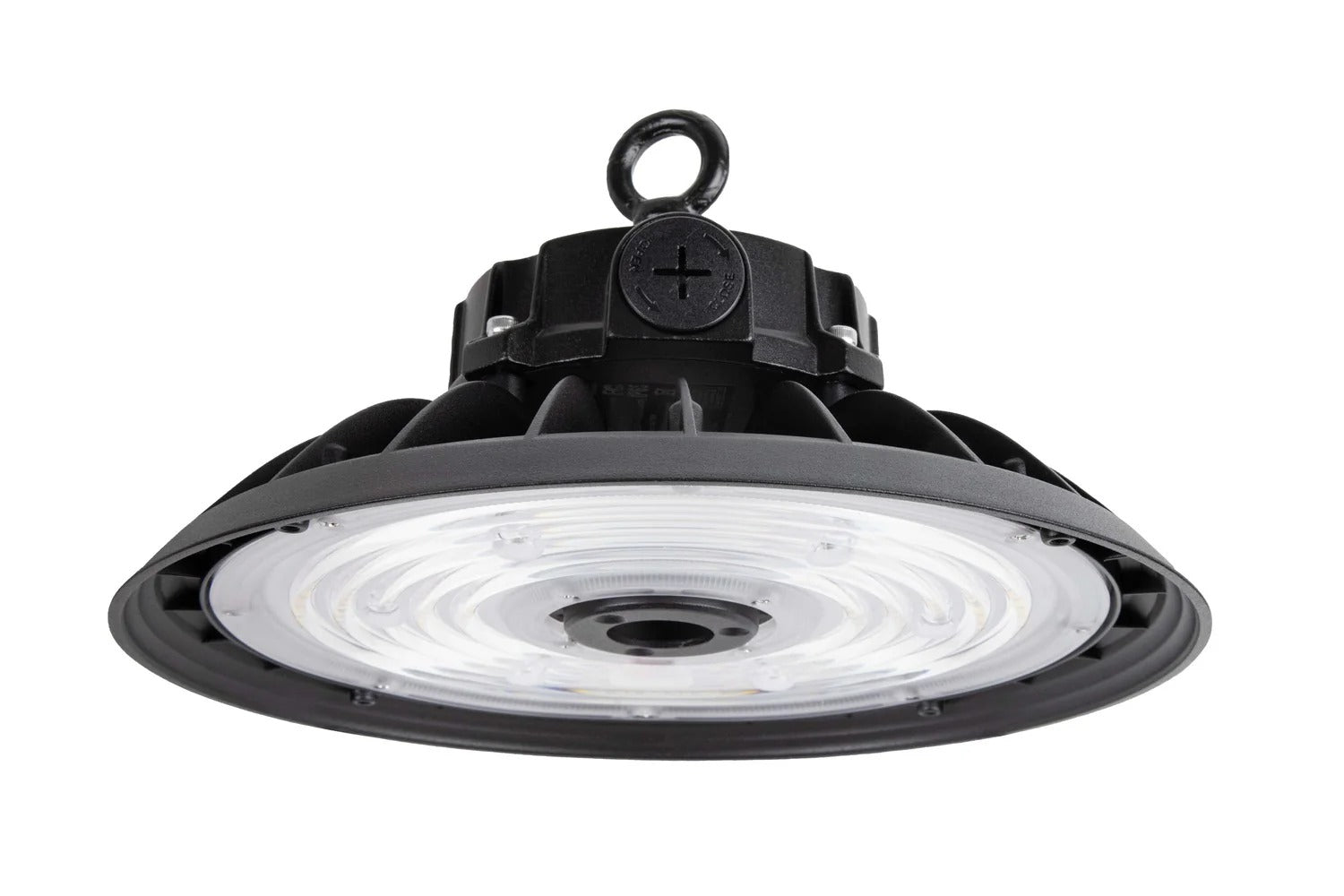 LED UFO high bay light with round housing and prismatic lens for high-bay installations; 120–277V input, 0–10V dimming, 100/125/150W options (15,000–22,500 lumens) with 4000K/5000K/5700K color options.