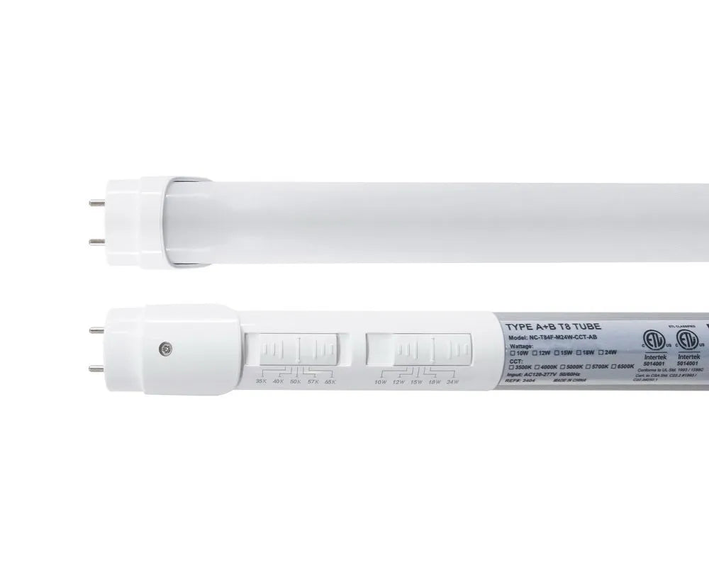Dual view of Linear5 Series 4 foot T8 LED tube showing frosted lens illumination surface and rear selectable wattage and CCT configuration switches