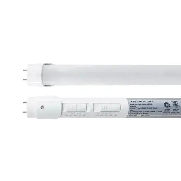 Dual view of Linear5 Series 4 foot T8 LED tube showing frosted lens illumination surface and rear selectable wattage and CCT configuration switches