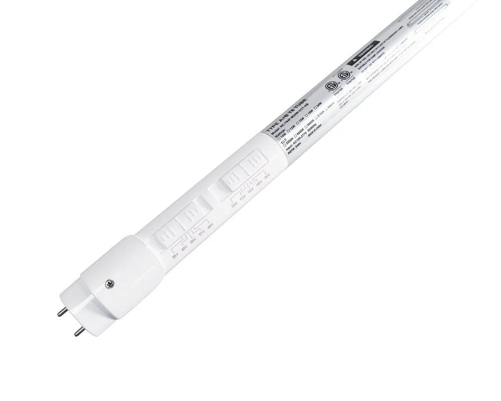 Linear5 Series 4 foot T8 LED tube with G13 base showing selectable wattage and CCT slide switches for commercial fluorescent retrofit applications