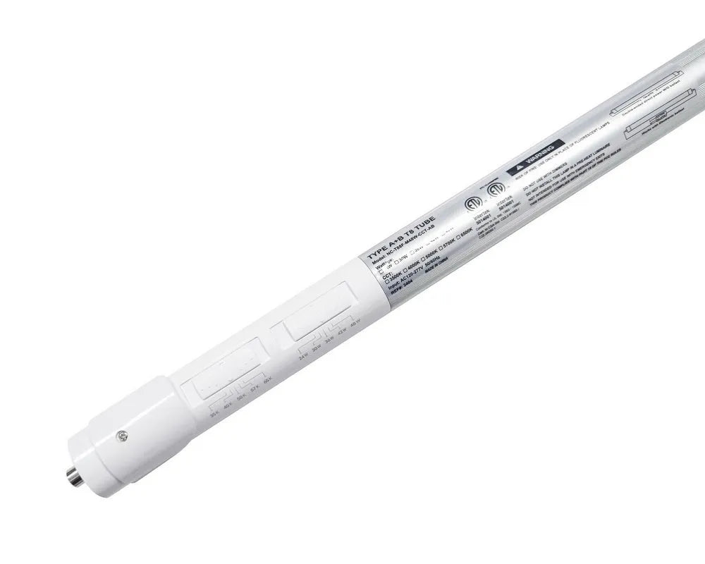 Linear5 Series 8 foot T8 LED tube with FA8 base showing selectable wattage and CCT slide switches for high output linear retrofit installations