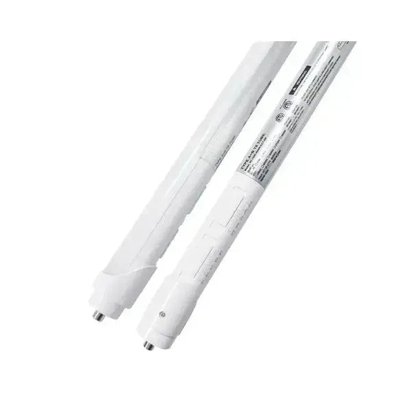 Dual view of Linear5 Series 8 foot T8 LED tube showing diffused lens surface and rear selectable wattage and color temperature switches