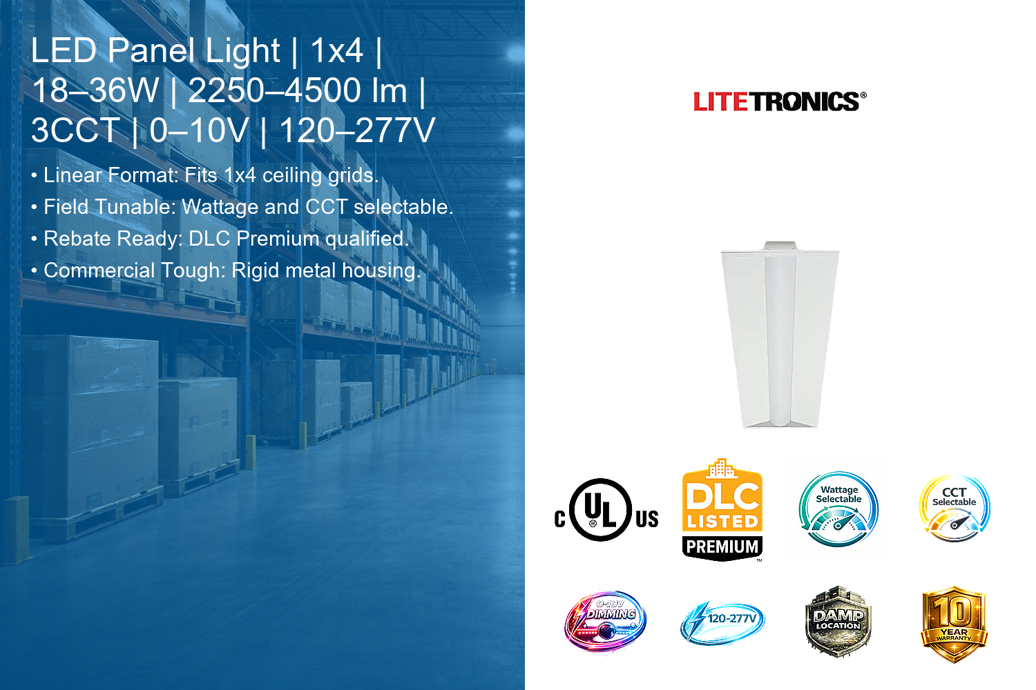 Litetronics 1 x 4 LED Light Fixture for Drop Ceiling 18W / 20W / 25W / 30W / 36W 2250 thru 4500 Lumens 35K / 4K / 5K 80+ CRI 0-10V Dimmable 120-277V infographic summarizing key features and specification badges.
