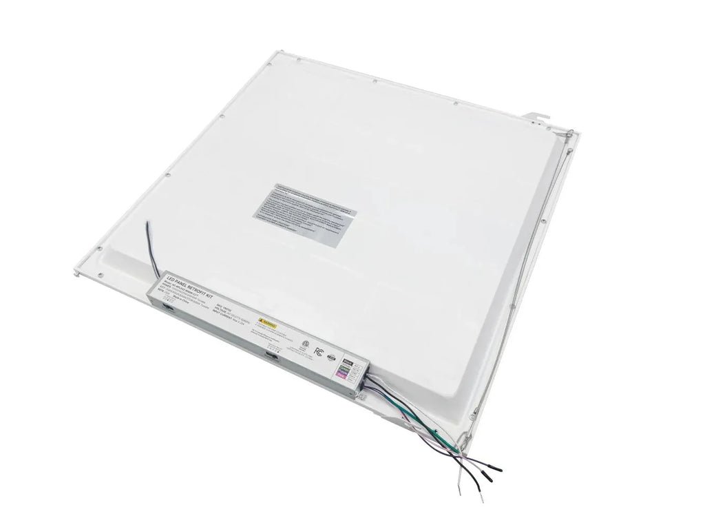 LumaFit Series 2x2 LED panel retrofit back view showing integrated LED driver and electrical junction box for commercial retrofit installation