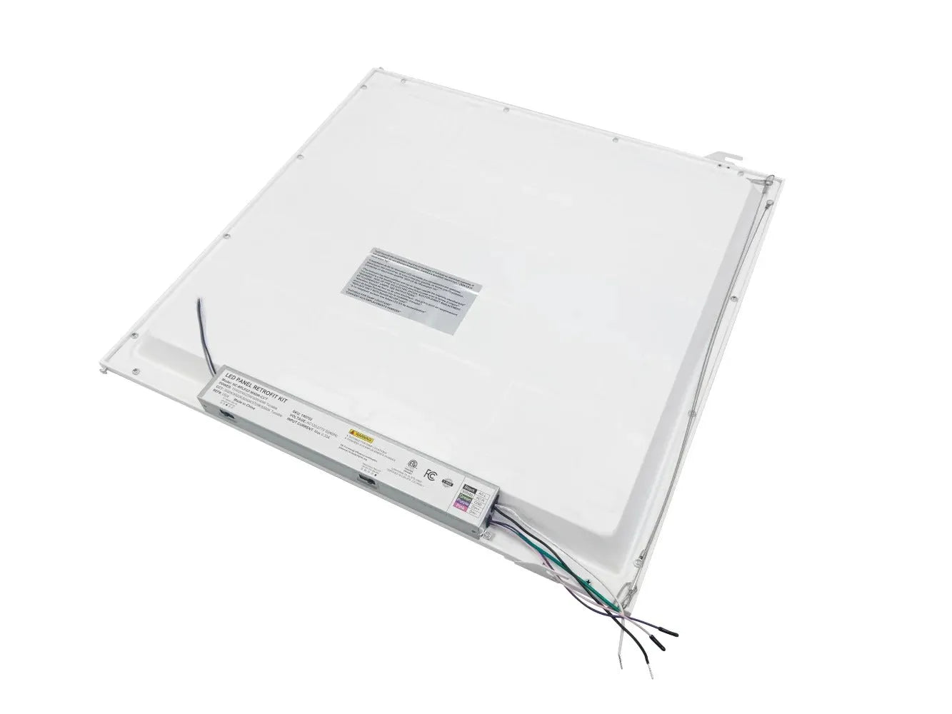 LumaFit Series 2x2 LED panel retrofit back view showing integrated LED driver and electrical junction box for commercial retrofit installation