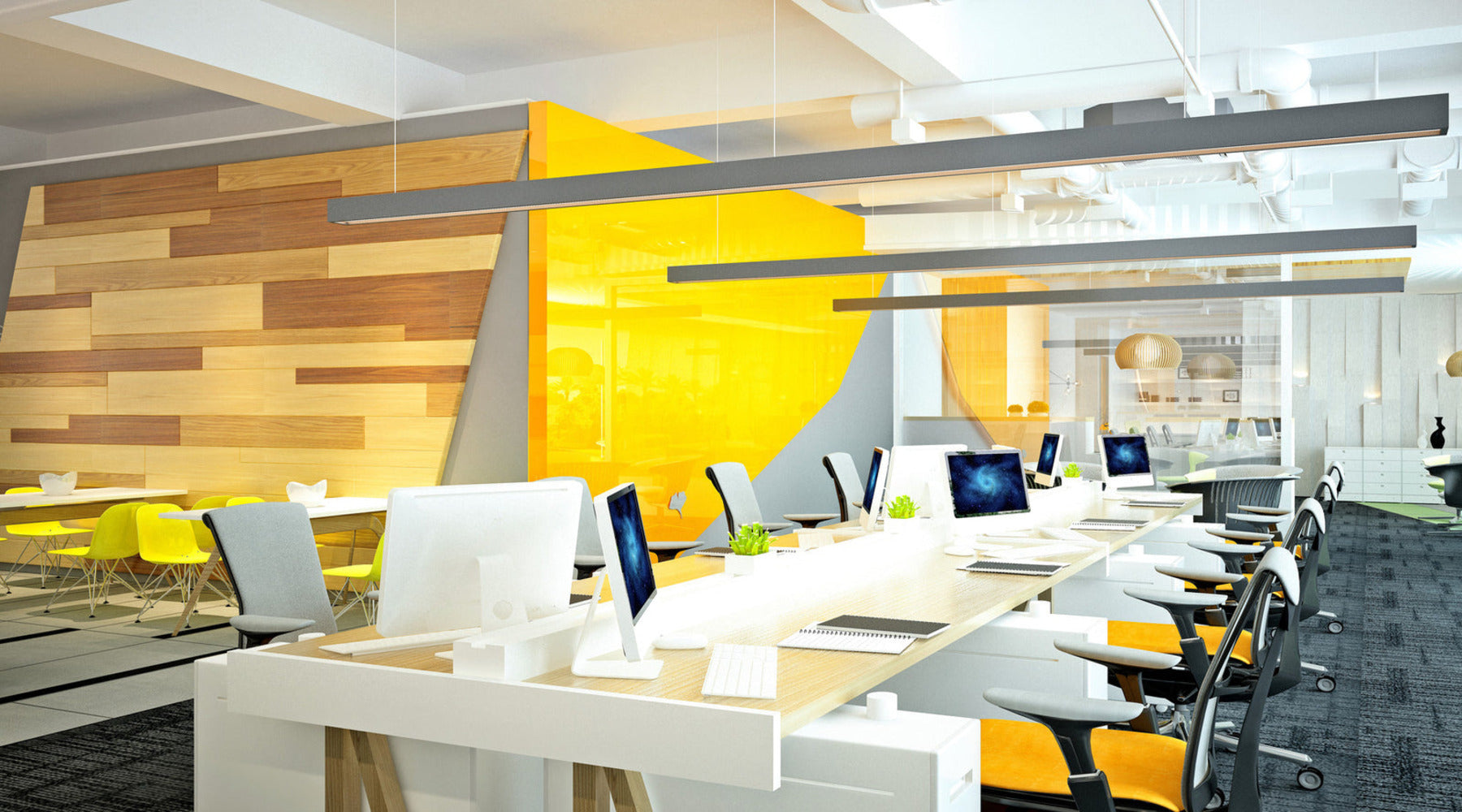 Modern open office with architectural linear light fixtures suspended from ceiling