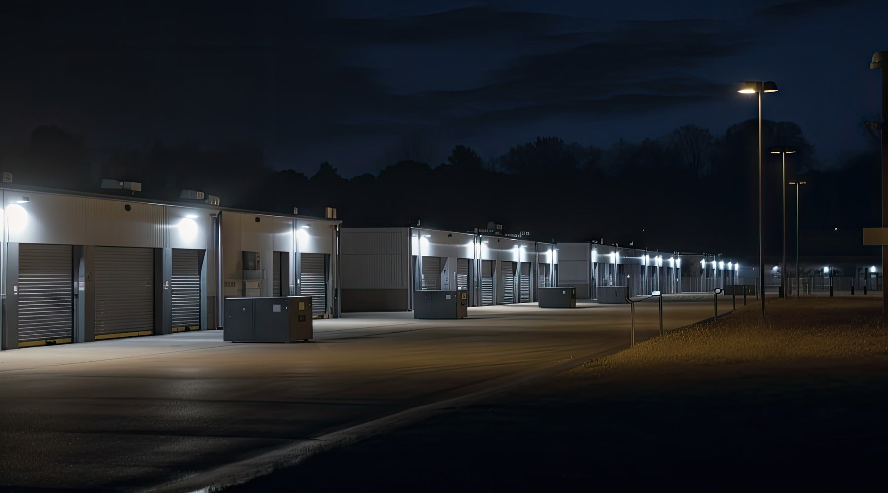 Nighttime view of flood lights illuminating the perimeter of a storage facility