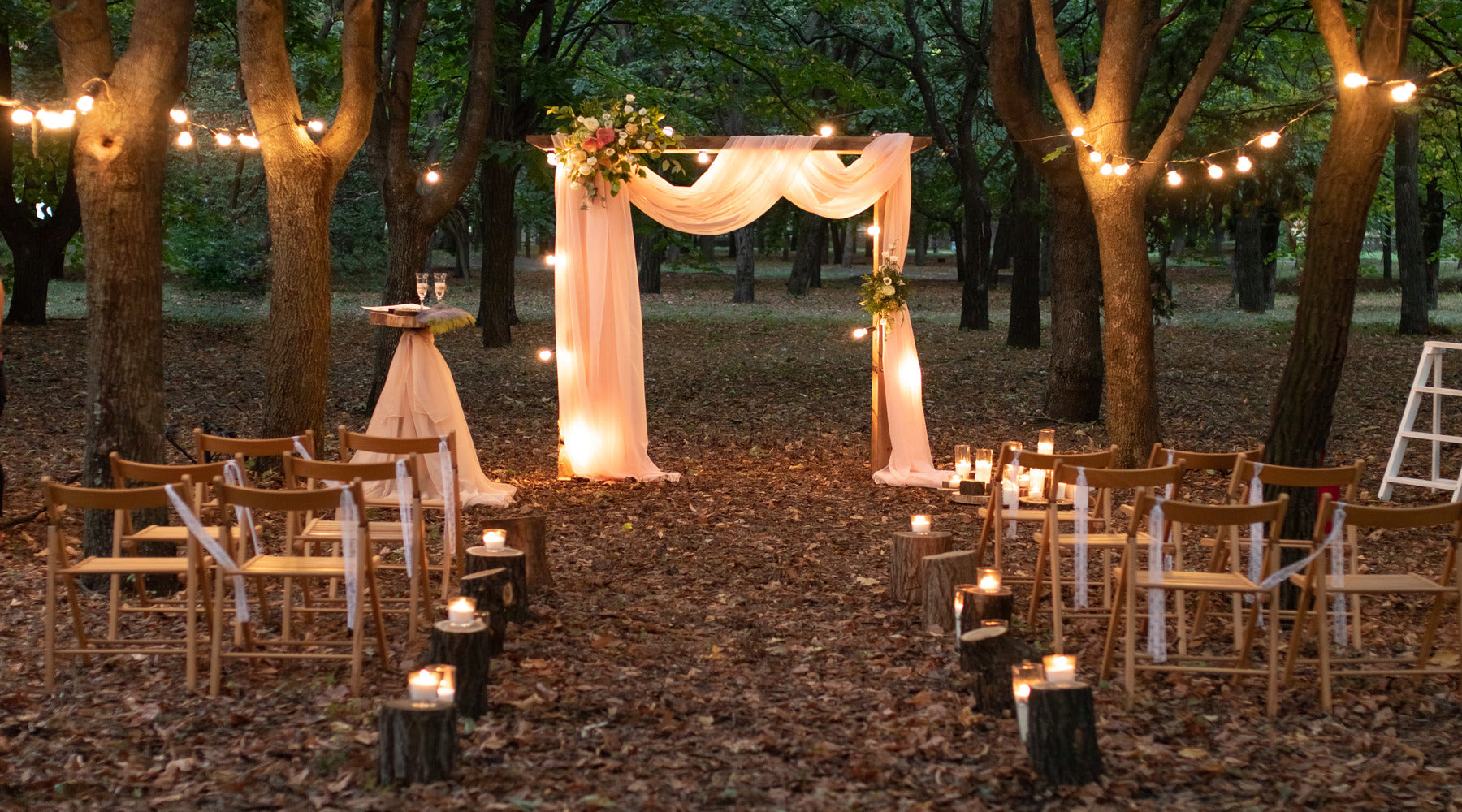 Outdoor string lights illuminating rustic wedding in the forest