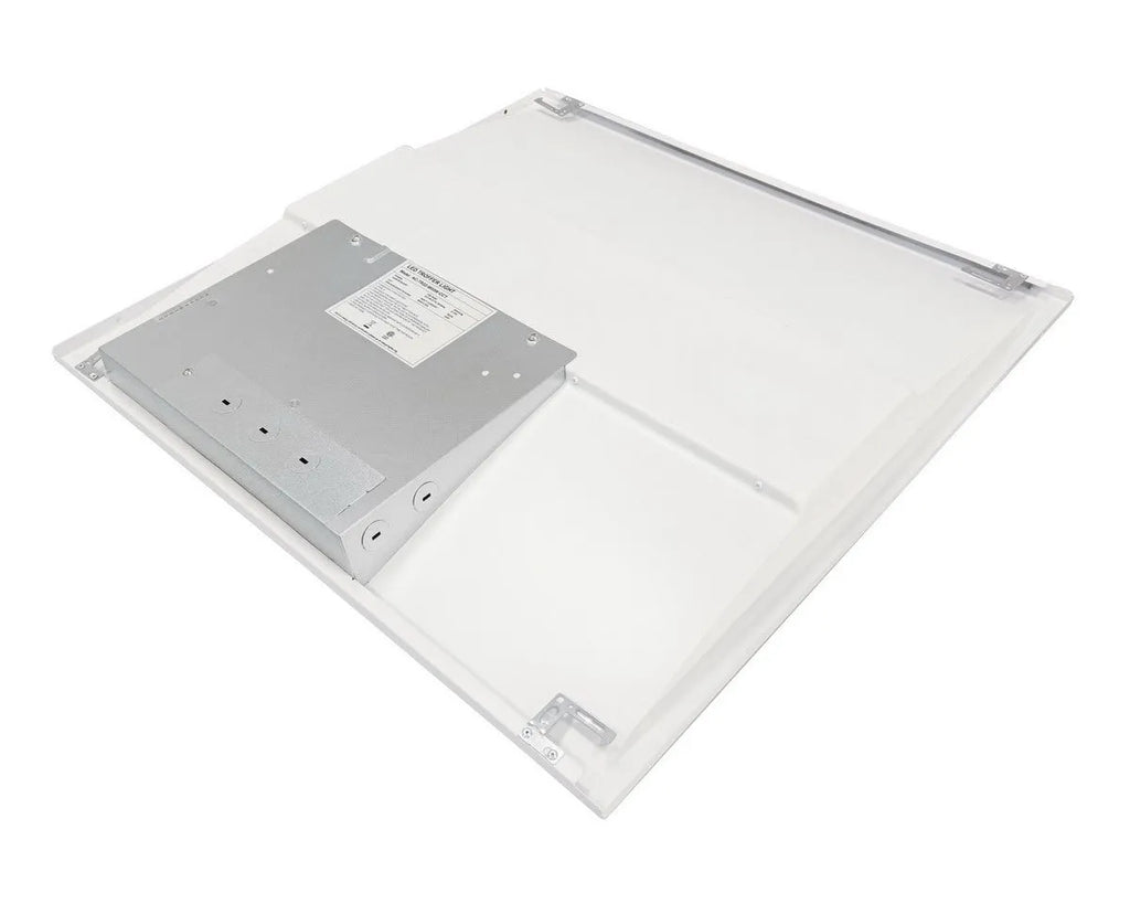 Angled rear view of PrismLay Series 2x2 LED troffer light displaying driver housing and electrical box assembly