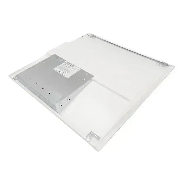 Angled rear view of PrismLay Series 2x2 LED troffer light displaying driver housing and electrical box assembly