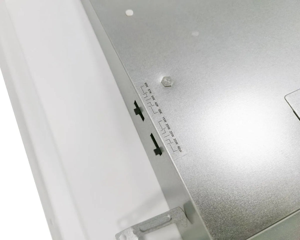 PrismLay Series LED troffer light driver compartment showing selectable wattage and CCT dip switch configuration