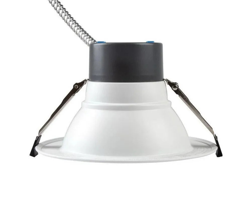 Side view of RecessEdge Series LED commercial recessed downlight showing mounting clips and flexible conduit entering fixture housing