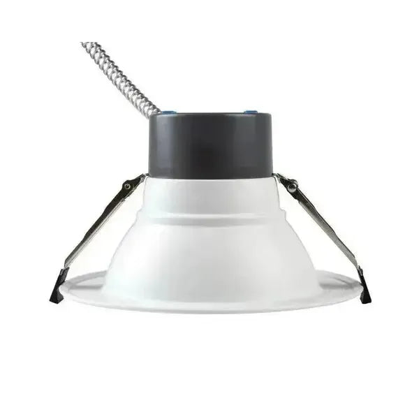 Side view of RecessEdge Series LED commercial recessed downlight showing mounting clips and flexible conduit entering fixture housing