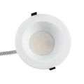 RecessEdge Series LED commercial downlight horizontal view showing optical lens, trim ring, mounting clips, and flexible conduit connection