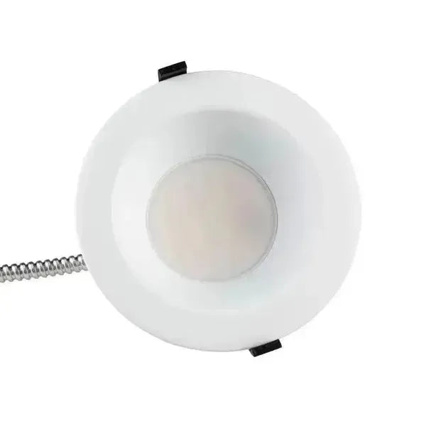 RecessEdge Series LED commercial downlight horizontal view showing optical lens, trim ring, mounting clips, and flexible conduit connection