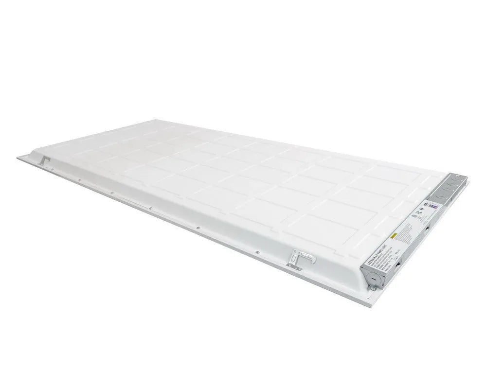 Angled rear perspective of SkyLine Series 2x4 LED flat panel showing driver housing and junction box mounting position