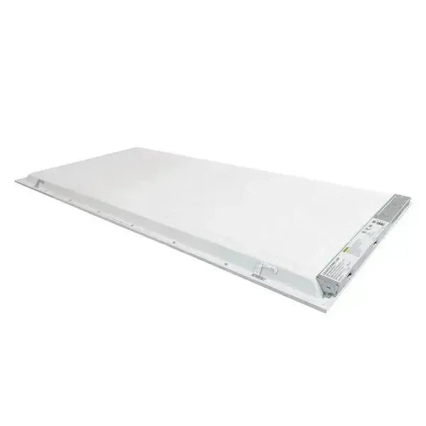 Angled rear perspective of SkyLine Series 2x4 LED flat panel showing driver housing and junction box mounting position