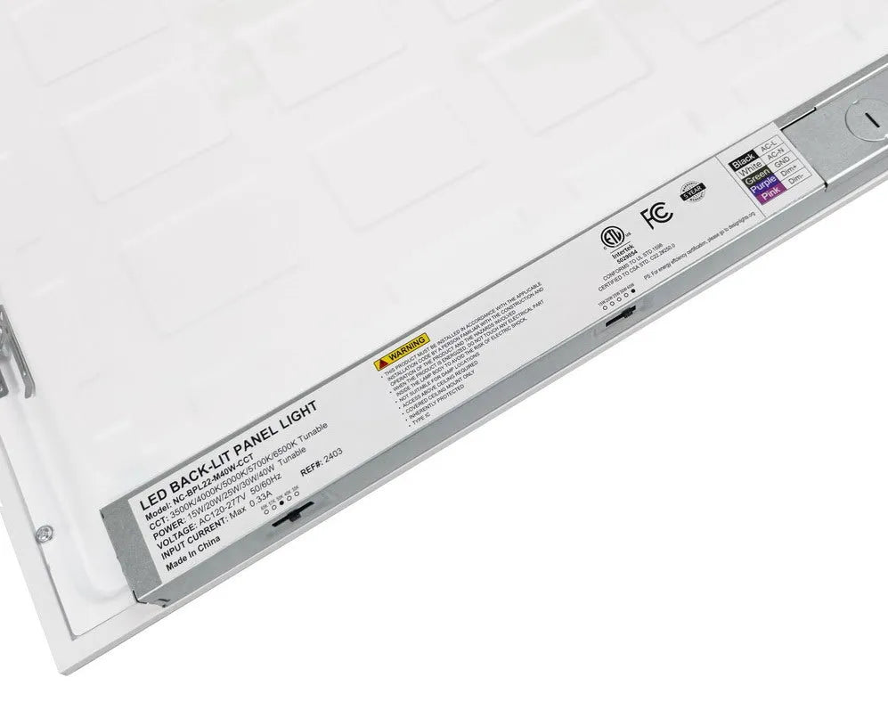 Close-up angled view of SkyLine Series LED flat panel rear driver and electrical housing mounted along panel back edge