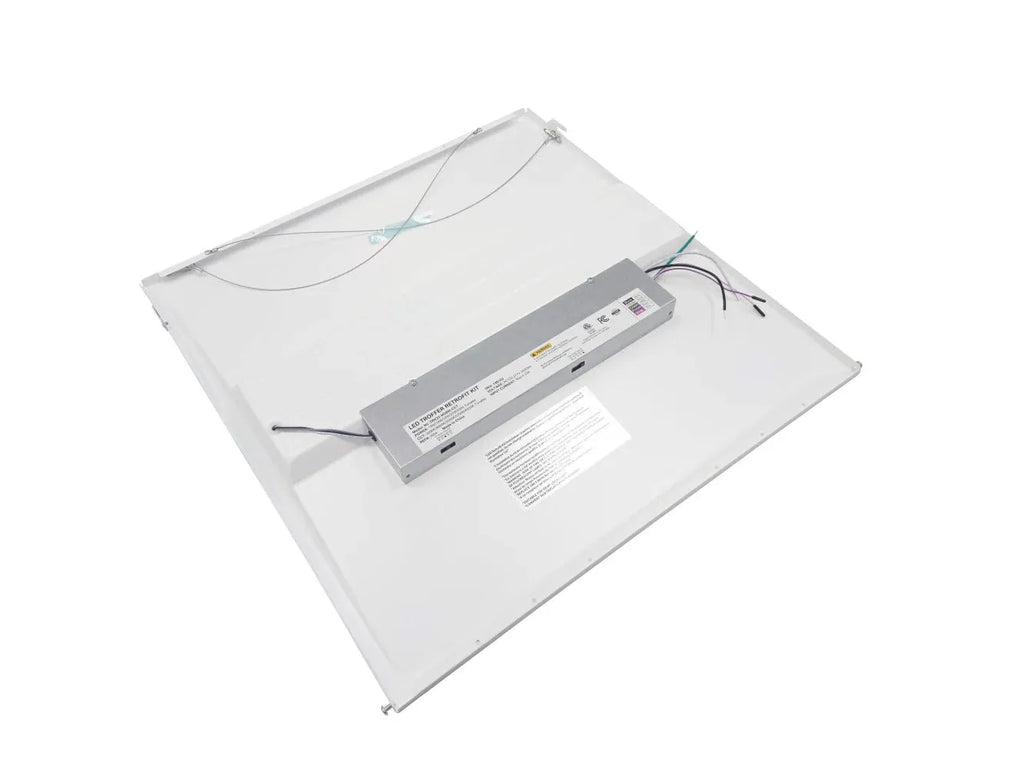 SnapFit Series 2x2 LED troffer retrofit kit rear view showing integrated driver safety cable and T-grid retention clips for retrofit installation