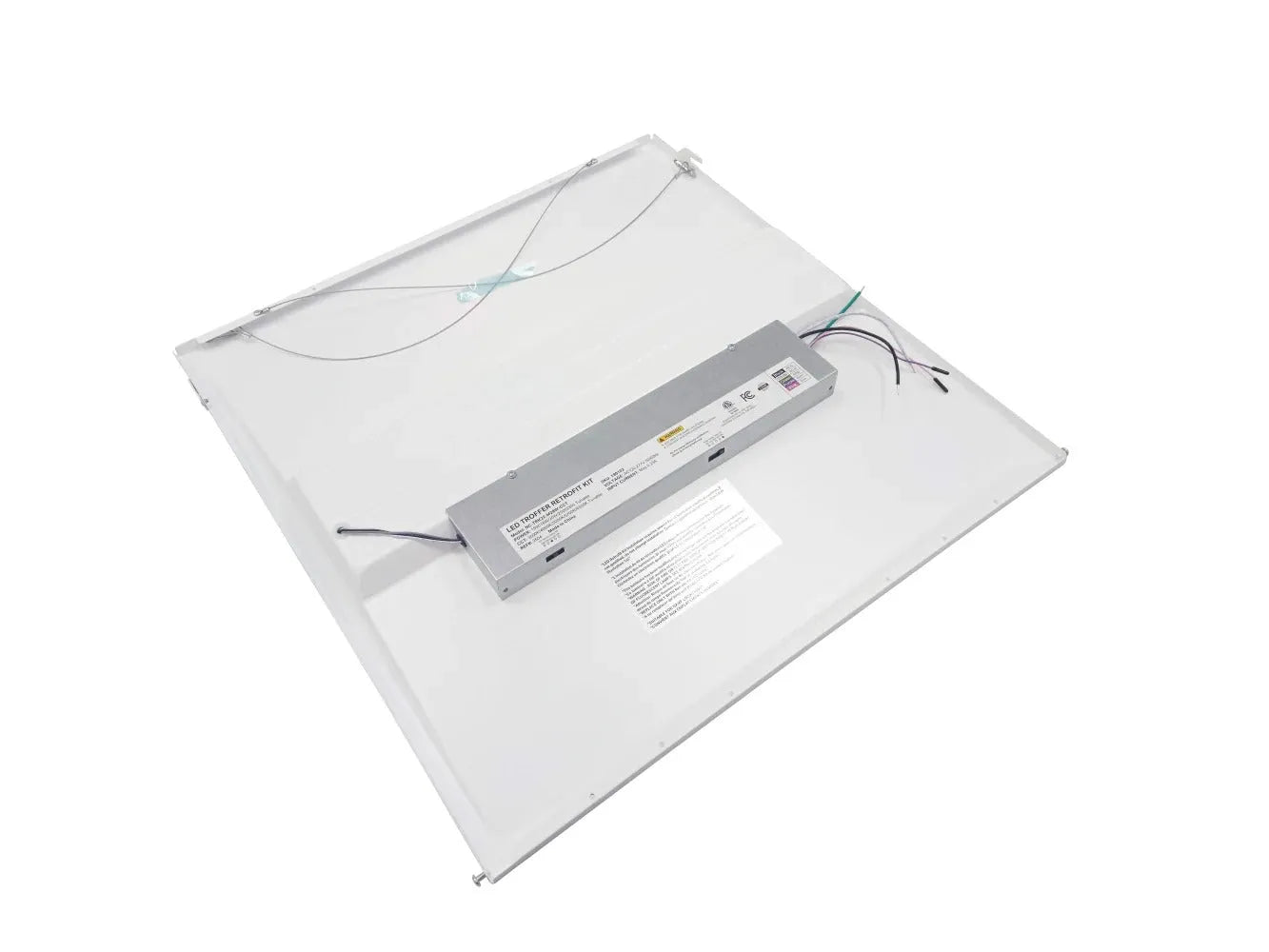 SnapFit Series 2x2 LED troffer retrofit kit rear view showing integrated driver safety cable and T-grid retention clips for retrofit installation