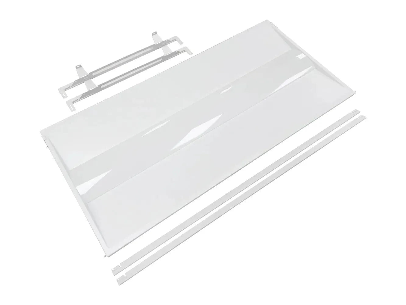 SnapFit Series 2x4 LED troffer retrofit kit with mounting hardware installed showing retrofit frame and integrated LED panel assembly for fluorescent troffer conversion