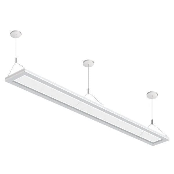 SSD Series 8 foot semi-direct LED linear pendant luminaire with suspended installation providing balanced uplight and downlight distribution for commercial interior lighting systems