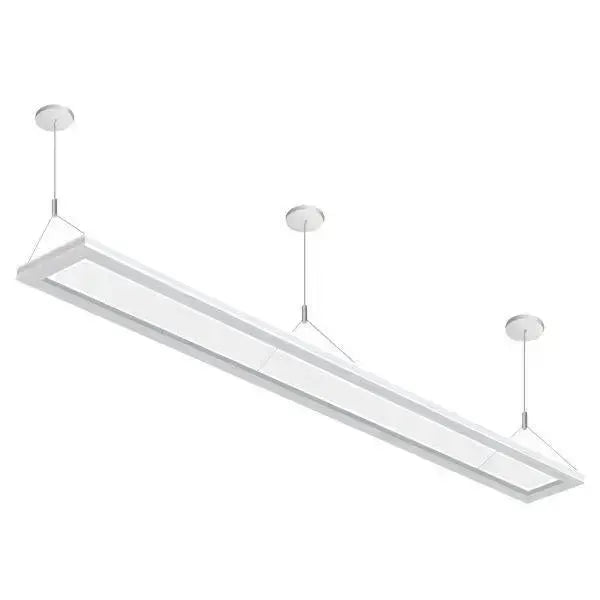 SSD Series 8 foot semi-direct LED linear pendant luminaire with suspended installation providing balanced uplight and downlight distribution for commercial interior lighting systems