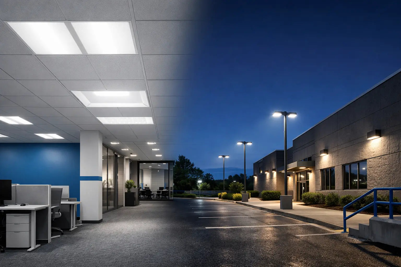 Split hero banner showing commercial ceiling lighting with LED panels and troffers alongside exterior site lighting with area lights and full cutoff wall packs at dusk.