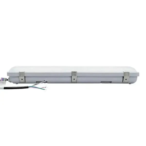 Full length horizontal view of StormGuard Series 2 foot LED vapor tight light showing power cord connection and stainless steel mounting clips