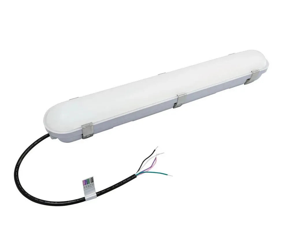 StormGuard Series 2 foot LED vapor tight fixture with stainless steel enclosure clips and power cord for utility and enclosed commercial spaces
