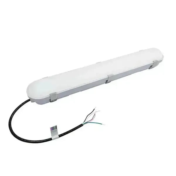 StormGuard Series 2 foot LED vapor tight fixture with stainless steel enclosure clips and power cord for utility and enclosed commercial spaces