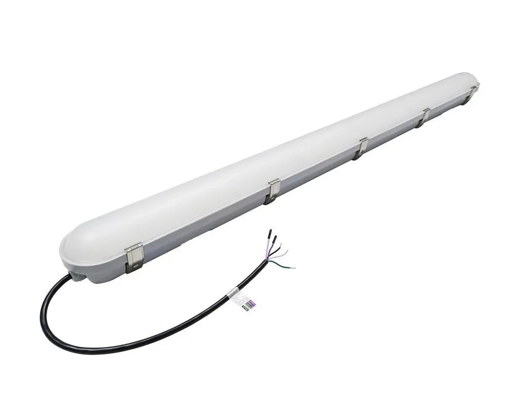 StormGuard Series 4 foot LED vapor tight light with integrated power cord and stainless steel locking clips for sealed commercial linear installation