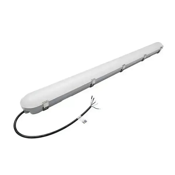 StormGuard Series 4 foot LED vapor tight light with integrated power cord and stainless steel locking clips for sealed commercial linear installation